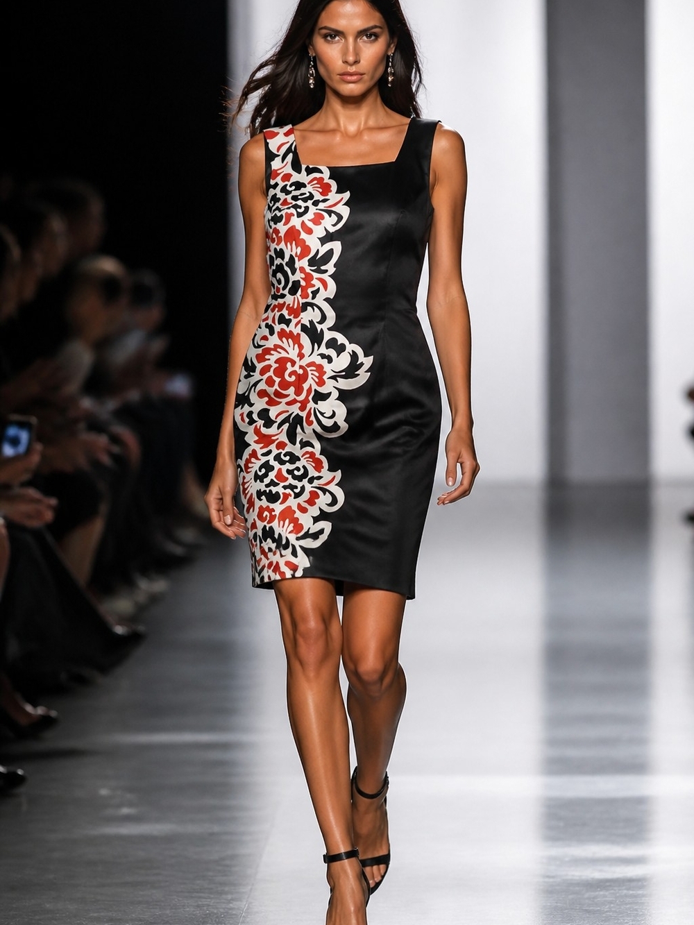 Black Floral-Stamp Midi Dress with Pink/White Floral Accents
